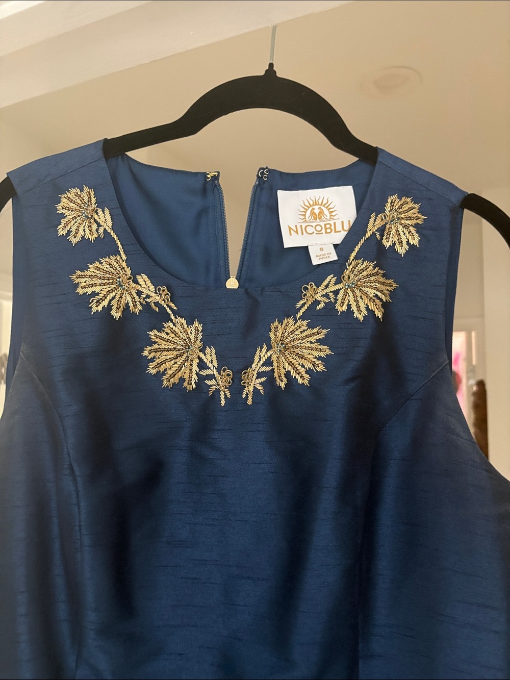 Nicoblu ALICE LONG SHEATH DRESS IN INK NAVY AND GOLD EMBELLISHMENT
